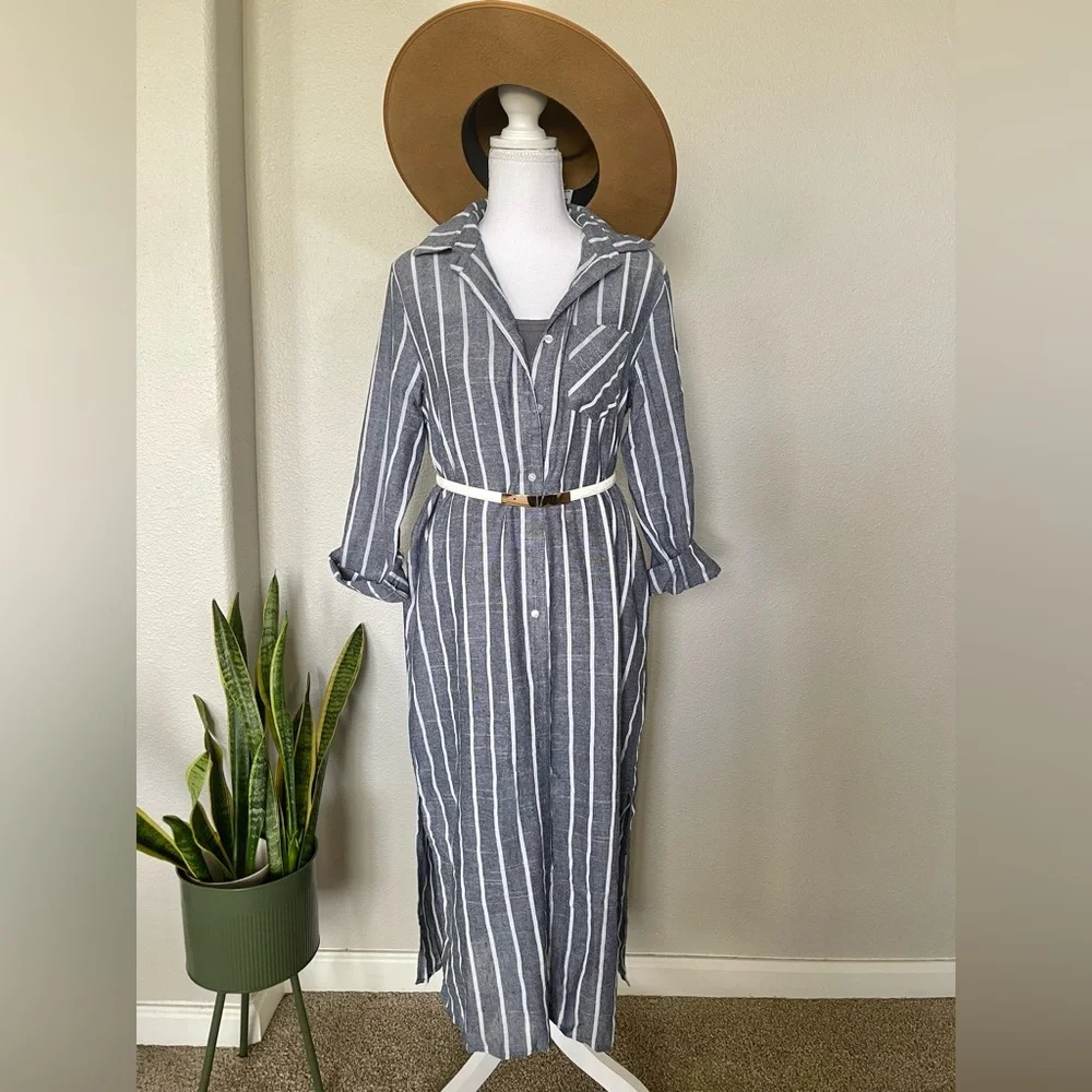 New - Striped Blue & White Sheer Swim Cover Up / Kimono / Button Up Shirt Dress - Picture 14 of 14